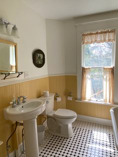 Yellow bw tile Yellow And Sage Bathroom, Bathroom Decor Ideas Yellow, 50s Inspired Bathroom, Yellow Beadboard Bathroom, Yellow Cottage Bathroom, Yellow Toilet Room, Yellow Half Bath, Yellow Farmhouse Bathroom