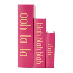 three pink books with gold lettering sitting on top of each other in front of a white background