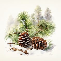 watercolor painting of pine cones and branches in the snow