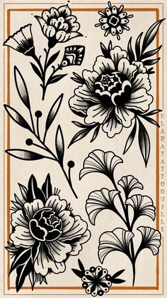 tattoo designs made by me. Would love to tattoo them :) American Traditional Tattoo Background, Pecan Tattoo, Traditional Style Flower Tattoo, Small Traditional Flower Tattoo, Traditional Tattoo Patchwork, Floral Traditional Tattoo, Traditional Japanese Flower Tattoo, Black And Gray Traditional Tattoos, American Trad Flower