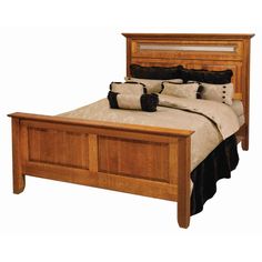 a wooden bed frame with pillows on it