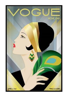 an art deco poster featuring a woman with a peacock on her shoulder and the words'voge movie star '