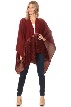 Lupe, the perfect everyday ruana wrap open front poncho. This cardigan wrap will complement any outfit. Super soft feel makes this scarf a dream. It's generous size will allow you to wear it as a shawl, poncho, sweater, cape and blanket. One Size Cape For Cold Weather, One Size Winter Cape For Layering, One Size Cape Outerwear For Layering, One Size Layering Cape For Winter, Red Cape Shawl For Winter, Red Winter Cape Shawl, Fall Shawl Cape For Layering, Fall Shawl Cape For Cold Weather, Red Shawl Outerwear For Winter