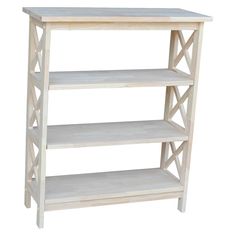 a white wooden shelf with three shelves on each side and one shelf below the shelf