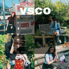 a collage of people sitting on benches in front of a vending machine with the words vsco above them