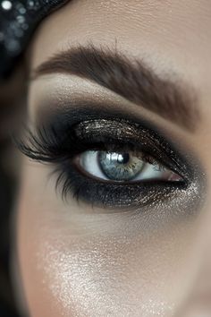 1920 Eye Makeup, Rock N Roll Makeup Ideas, Masquerade Mask Makeup Eye, Smokey Eye Dramatic, Night Goddess Makeup, Rock And Roll Makeup Rocker Chic, Burlesque Mask, Lava Mermaid, Smokey Eye Makeup Black And Silver