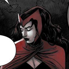 a woman in black and red is holding a white speech bubble with her right hand