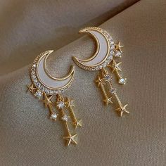 Nwt-Half-Moon Star Tassel Earrings *Pierced *Stud Style *Gold Plated *Rhinestone Crystals *White Enamel Paint *1” X 0.5” (Approximately) *Note Flaw In Paint On 1 Earring *Smoke Free And Pet Friendly Home Moon Stud Earrings, Small Stars, Korean Earrings, Moon And Star Earrings, Stud Style, Moon Studs, Gold Moon, Crystal Stars, American Diamond