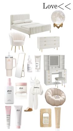 white furniture and accessories with the words love on them