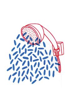 a drawing of a shower head with blue and red sprinkles on it