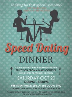 a flyer for a speed dating dinner with an image of two people sitting at a table