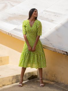 Get ready to turn heads with our Handmade Polka Dots Short Sleeve Dress. This stunning lime dots green polka dress features a fit and flare design that's both comfortable and flattering. Perfect for any casual occasion, this handmade maxi dress is perfect for a summer beach day or photoshoot. With its beautiful color, short sleeves, and feminine silhouette, this dress will become a staple in your wardrobe. Made with sustainable materials, this dress is not only stylish but also eco-friendly. Giv Green Fit And Flare Midi Dress With Short Sleeves, Dress For Ladies, Green One Piece, Green Cocktail Dress, Dot Print Dress, Casual Wear Dress, Polka Dot Shorts, Cotton Dress Summer, Minimal Outfit