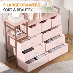 a pink dresser with drawers on it and the words 9 large drawers sort & beauty