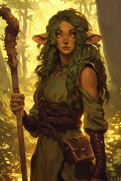 a painting of a woman with green hair holding a staff in a forest, looking at the camera