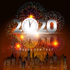 happy new year fireworks with cityscape and clock in the background - stock photo