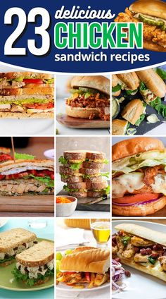 twelve delicious chicken sandwiches are shown with the words, 23 delicious chicken sandwiches sandwich recipes