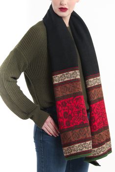 Intricately designed with floral patterns in a combination of rose red, cream and black, this wool shawl is designed to keep you cosy and stylish during the winter season. It redefines festive glamour with its nostalgic appeal, making it the perfect addition to elevate your style. Whether you're searching for a considerate winter gift or a versatile layering piece, our wool shawl have you covered. Embrace the comfortable snugness and timeless elegance it brings to your winter wardrobe. Compositi Meditation Shawl, Cosy Blanket, Black Wear, Kashmiri Shawls, Blanket Shawl, Eid Gift, Winter Styles, Wool Shawl, Pashmina Shawl