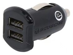 the black car charger has two usbs attached to it