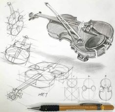 a pencil drawing of a violin and its parts, including the headphones on it