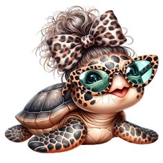 a cartoon turtle wearing sunglasses and a bow