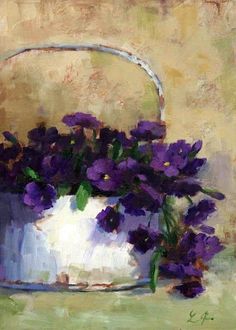 a painting of purple flowers in a white basket