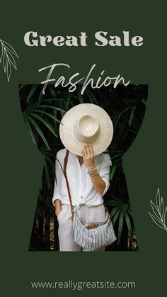 a woman wearing a white hat and holding a purse in front of her face with the words great sale fashion on it