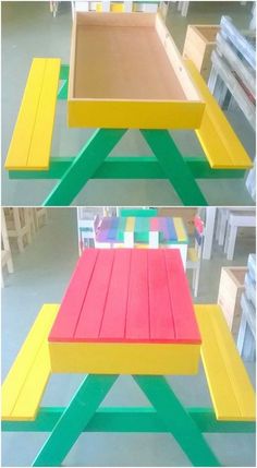 three different colored benches sitting on top of each other