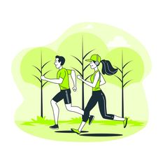 two people running in the park with trees and grass behind them, one is wearing a yellow shirt