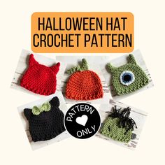 This Halloween hat collection features a basic beanie pattern in 3 sizes, with a collection of features that allow you to create a kitty, a devil, a pumpkin, an alien, or a Frankenstein monster! Pattern also includes a little bow, which can be added to any hat. Suggestions are also given for additional sizing adjustments. These character hats work up quickly, and are perfect for a seasonal gift, photo shoot, or adorable pregnancy or birth announcement. You'll want to make them all! SIZING - Recommend approximately 1-2 inches of negative ease. Newborn (13" x 5") 6-12m (16" x 6.5") Child (18 x 7") SUPPLIES NEEDED Notions - Scissors, measuring tape, stitch marker, and darning needle.   Hook - 6.0 mm (J) and 5.50mm (I) hooks or as needed for gauge Yarn - Worsted weight in one or more colors as Crochet Halloween Hat, Baby Pumpkin Costume, Darning Needle, Crochet Monster, Crochet Character Hats, Monster Pattern, Baby Pumpkin, Frankenstein Monster, Crocheted Cat