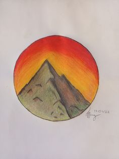 a drawing of a mountain with a sunset in the background