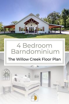 an open floor plan with the words 4 bedroom barndominium on top and below