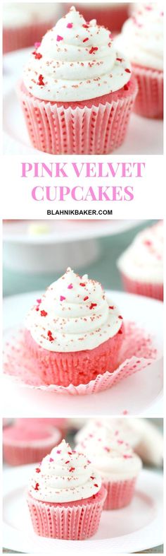 pink velvet cupcakes with white frosting and sprinkles