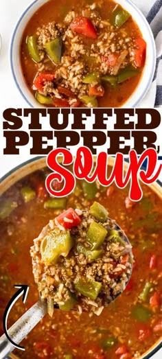 a spoon full of stuffed pepper soup with the words stuffed pepper soup above it and below