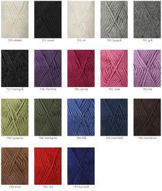 different colors of yarn for knitting and crochet, with the names in each color