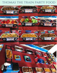 there is a table with many different foods on it and the words thomas the train party food