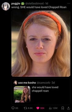 a woman with long blonde hair wearing an orange headband and looking at the camera