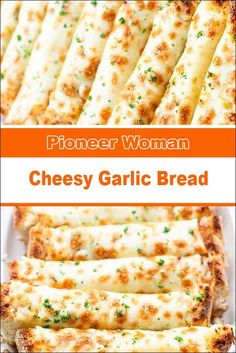 cheesy garlic bread with parmesan cheese on top and an orange background