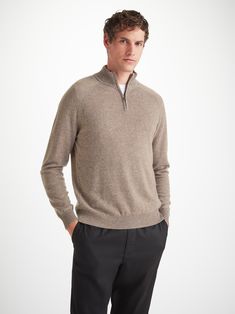 Cut from pure cashmere, this mole heather half-zip sweater fits closely to the frame, keeping you warm and cosy. The top features a carbon zip-puller that is contoured to your natural fingertip curve for a quick and easy closure should it get colder. The starting point for the Finley was the cashmere - we selected a luxuriantly soft pure cashmere from Cariaggi which we consider to be best in class. Touch this fabric and you'll be reminded what cashmere should feel like. The material hangs wonder Womens Bathrobes, Derek Rose, Silk Pajamas Women, Womens Pajama Shorts, Personalized Pajamas, Pyjamas Womens, Short Loungewear, Mens Cashmere, Zip Puller