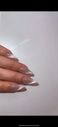 Nye French Nails, Pretty Nails For January, Pink And Silver Cat Eye Nails, Velvet Sparkle Nails, White Silver Cat Eye Nails, Almond Velvet Nails, Glazed Donut Cat Eye Nails, Silver Cat Eye French Nails, Almond Acrylic Nails Cat Eye