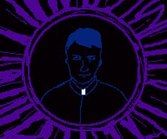 an image of a man in the middle of a purple and black background with sunbursts