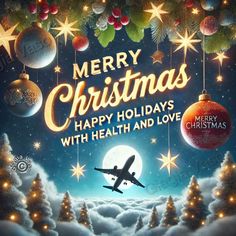 an airplane is flying through the sky with christmas decorations around it and merry christmas wishes