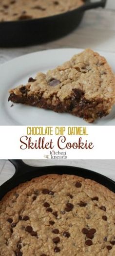 chocolate chip oatmeal skillet cookie on a white plate and in a cast iron skillet