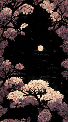 a painting of trees and flowers with the moon in the sky behind them on a black background