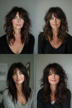 Medium Long With Bangs, Over 35 Hairstyles For Women, Brunette Textured Hair, Curved Haircut Long Hair, Over 50 Brunette Hair Styles, Thick Hair With Bangs And Layers, Long Wavy Lob Haircut, Bangs For 40+, Shag Layers Medium