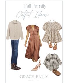 the cover of fall family outfit ideas by grace emily, featuring an image of a woman's dress and shoes