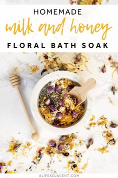 Milk And Honey Bath Soak, Honey Bath Soak, Milk And Honey Bath, Bath Tea Recipe, Floral Bath Soak, Diy Bath Soak, Milk Bath Recipe, Bath Soak Recipe, Honey Bath