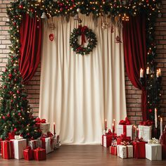 christmas decorations and presents on the floor in front of a brick wall with red curtains