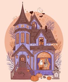 a drawing of a halloween house with pumpkins on the ground