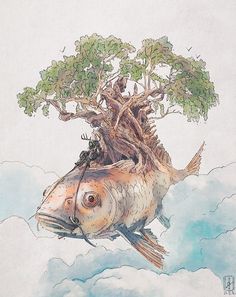 a drawing of a fish floating in the air with trees on its back and branches growing out of it