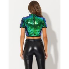 This cropped top features beautiful shining sequins that will shine when you are at the party and they can create a beautiful sparkle in the stage lights of dance and chorus performances. Occasion: Perfect for Party/Dating/Dancing/Clubwear/Evening party/Club/Attend/Cockta. This style of shirt is very dazzling, whether it is walking in the street under the sun, or sitting under the neon lights can reflect a different charm. Glamorous Stretch Top With Contrast Sequin, Stretch Tops With Contrast Sequin For Night Out, Shimmer Tops For Club And Party Season, Disco Style Stretch Tops For Party Season, Disco Style Sequin Fabric For Club, Party Sequin Stretch Crop Top, Stretch Glitter Top For Party, Stretch Glitter Tops For Party, Glamorous Club Tops With Shimmer